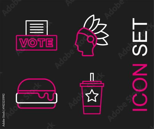 Set line Paper glass with straw, Burger, Native American Indian and Vote box icon. Vector