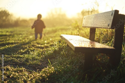 A quiet morning with soft light and dew on the grass. A toddler wobbles forward near a wooden bench with a big smile. The mood is calm and joyful