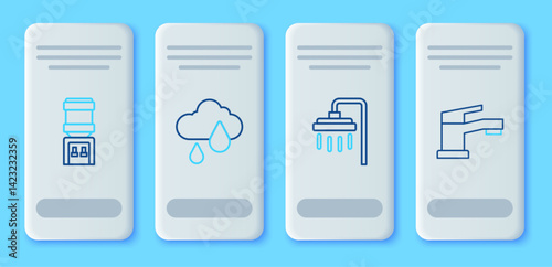 Set line Cloud with rain, Shower, Water cooler and tap icon. Vector