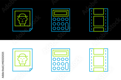 Set line Play Video, Photo and Calculator icon. Vector