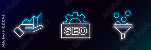 Set line Lead management, Pie chart infographic and SEO optimization icon. Glowing neon. Vector