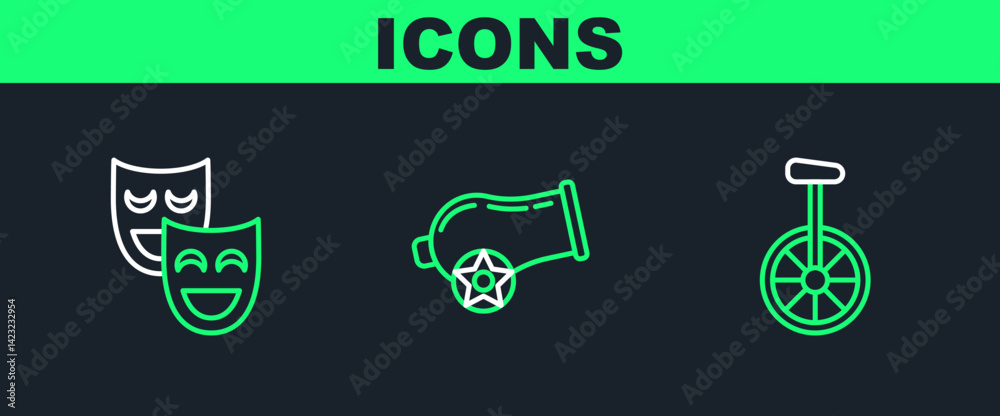 Set line Unicycle or one wheel bicycle, Comedy theatrical masks and Cannon icon. Vector Set line Unicycle or one wheel bicycle, Comedy theatrical masks and Cannon icon. Vector