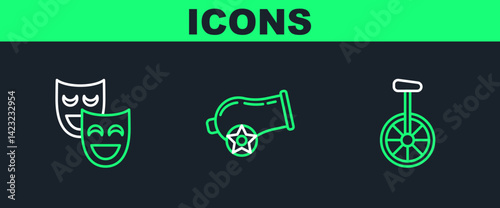 Set line Unicycle or one wheel bicycle, Comedy theatrical masks and Cannon icon. Vector