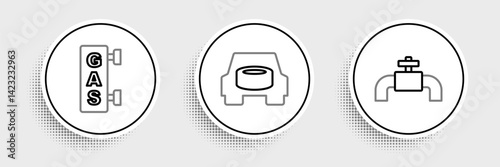 Set line Metallic pipes and valve, Gas filling station and Spare wheel the car icon. Vector