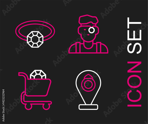 Set line Jewelry store, online shopping, Jeweler man and Diamond engagement ring icon. Vector