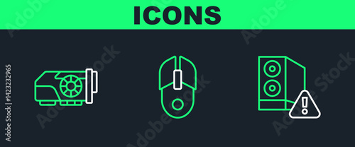 Set line Case of computer, Video graphic card and Computer mouse icon. Vector