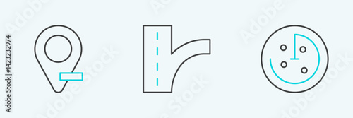 Set line Radar with targets on monitor, Location and Road traffic sign icon. Vector