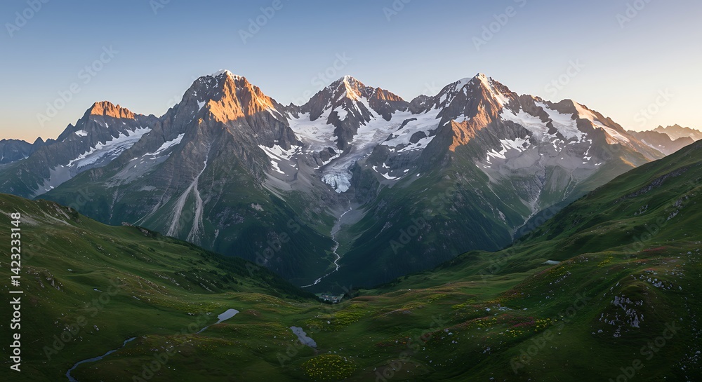 Fototapeta premium Mountain Peaks View with Green Valley and Snow Caps