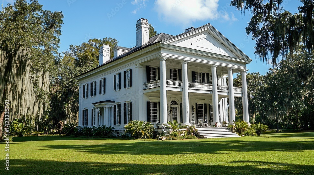 Fototapeta premium A grand, white plantation house stands majestically on a grassy lawn.