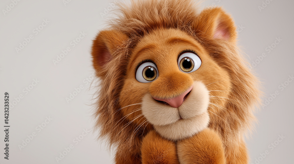 Cute lion cub with big eyes and playful expression against a white background Cute lion cub with big eyes and playful expression against a white background