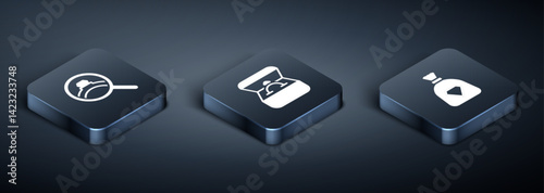 Set Isometric Diamond engagement ring, Bag with gems and box icon. Vector