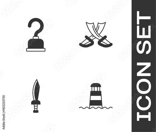 Set Lighthouse, Pirate hook, sword and Crossed pirate swords icon. Vector