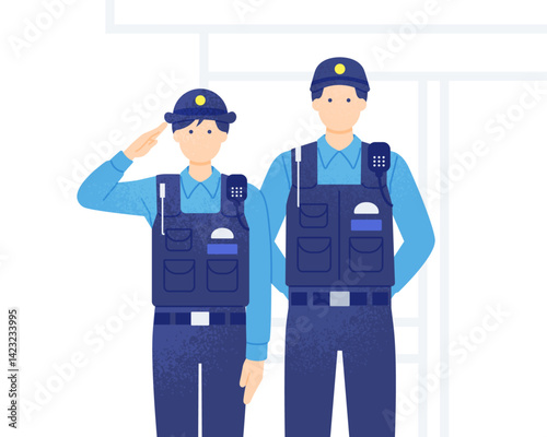 交番の前で敬礼する警察官。地域を守る警察官のベクターイラスト素材。