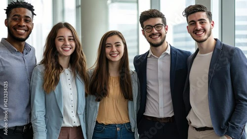 Diverse young adult team smiling in bright office setting