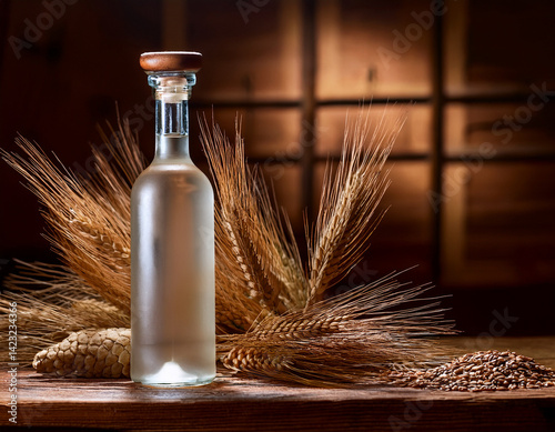 A bottle of vodka stands on a rustic wooden table next to natural elements like wheat or rye, highlighting its traditional grain origins.