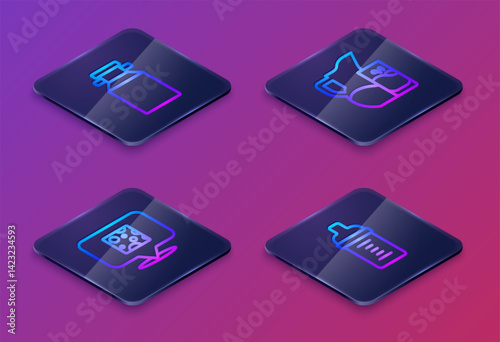Set Isometric line Can container for milk, Cheese, Milk jug pitcher and glass and Baby bottle. Blue square button. Vector