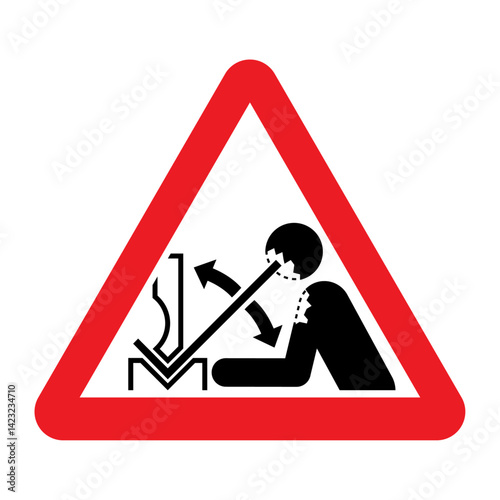 Rapid movement of workpiece in press brake sign. Vector illustration of red triangle warning sign with protruding workpiece being processed by operator. Accident at work. Caution symbol.