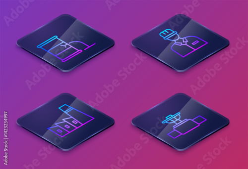 Set Isometric line Barrel oil leak, Oil industrial factory building, Oilman and Industry pipe and valve. Blue square button. Vector