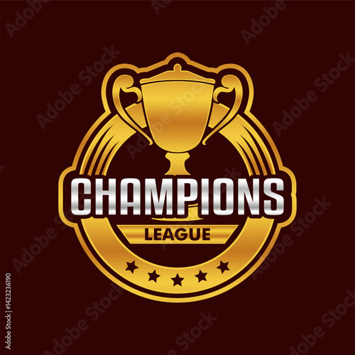 champion trophy logo emblem design with shield design, gold cup icon vector illustration perfect for sports teams, tournaments, or award 