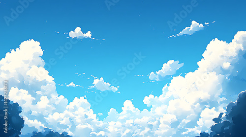 Vibrant blue sky filled with fluffy white clouds creating a serene atmosphere