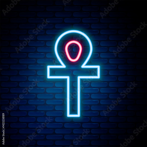 Glowing neon line Cross ankh icon isolated on brick wall background. Colorful outline concept. Vector