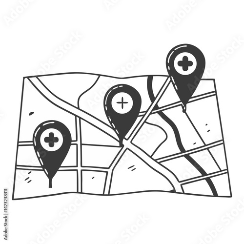 Map with health location pins icon. Health service location vector.