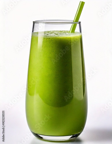 Creamy Green Avocado Smoothie in a Cup, Front View, Isolated on White Background