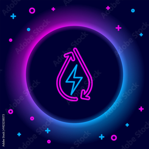 Glowing neon line Water energy icon isolated on black background. Ecology concept with water droplet. Alternative energy concept. Colorful outline concept. Vector