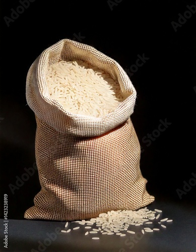 Partially Open Bag of Rice with Grains Slightly Spilling, Isolated