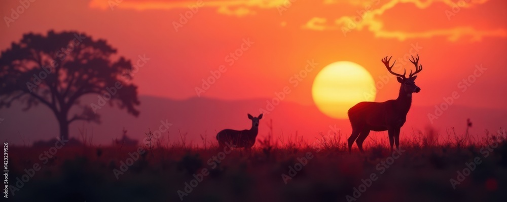 Naklejka premium Silhouette of deer in a field, wildlife, deer