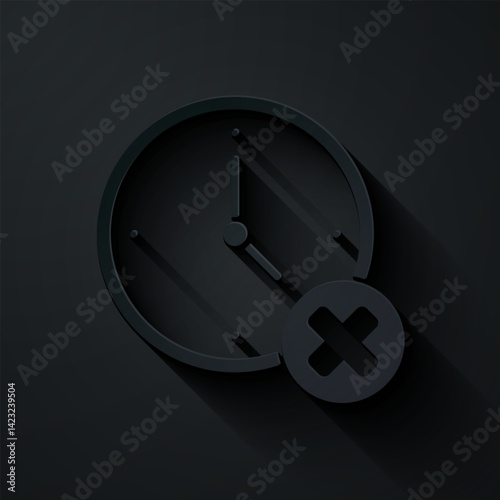 Paper cut Clock delete icon isolated on black background. Time symbol. Paper art style. Vector
