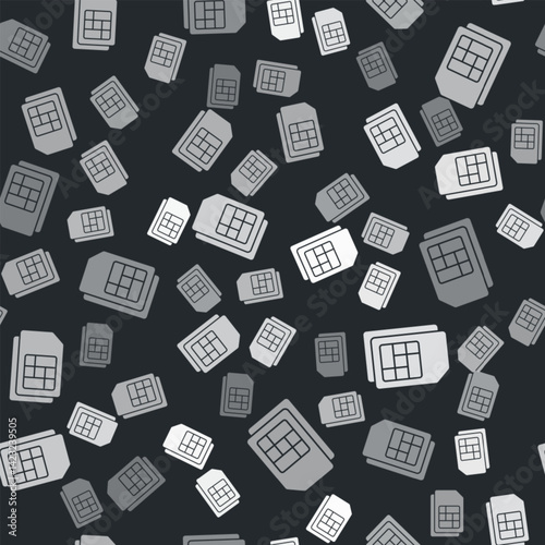 Grey Sim card icon isolated seamless pattern on black background. Mobile cellular phone sim card chip. Mobile telecommunications technology symbol. Vector