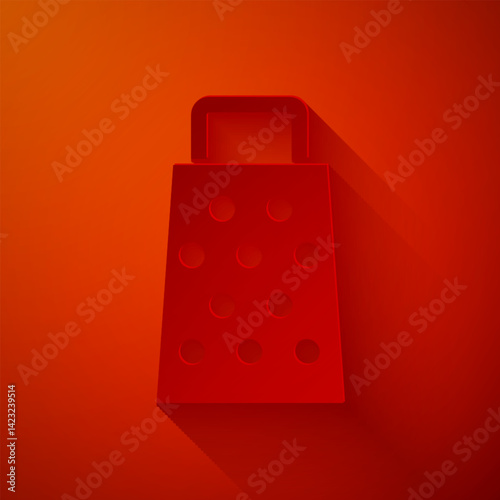 Paper cut Grater icon isolated on red background. Kitchen symbol. Cooking utensil. Cutlery sign. Paper art style. Vector