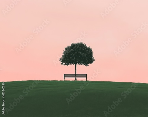 Peaceful park bench under tree, pink sunset, serene landscape photo