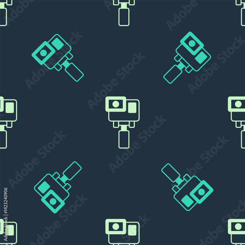 Green and beige Action extreme camera icon isolated seamless pattern on blue background. Video camera equipment for filming extreme sports. Vector