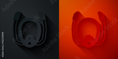 Paper cut Diving mask with snorkel icon isolated on black and red background. Extreme sport. Diving underwater equipment. Paper art style. Vector