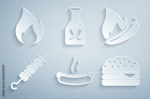 Set Hotdog sandwich, chili pepper pod, Grilled shish kebab, Burger, Ketchup bottle and Fire flame icon. Vector