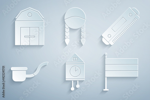 Set Retro wall watch, Harmonica, Smoking pipe, National Germany flag, Braid and Farm House icon. Vector