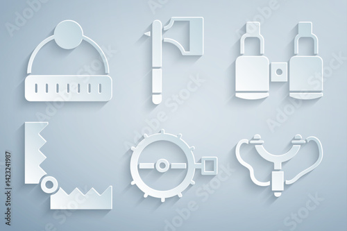 Set Trap hunting, Binoculars, Slingshot, Wooden axe and Winter hat icon. Vector