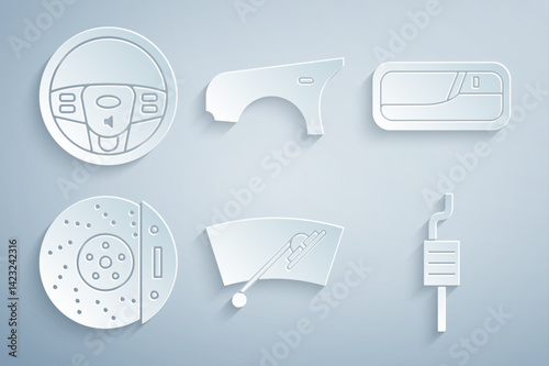 Set Windscreen wiper, Car door handle, brake disk with caliper, muffler, fender and Steering wheel icon. Vector