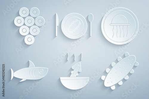 Set Soup with octopus, Jellyfish on a plate, Shark, Sea cucumber, Served and Caviar icon. Vector