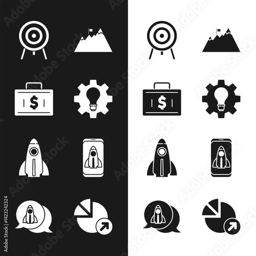 Set Light bulb and gear, Briefcase money, Target, Mountains with flag, Startup project concept, Financial growth and icon. Vector