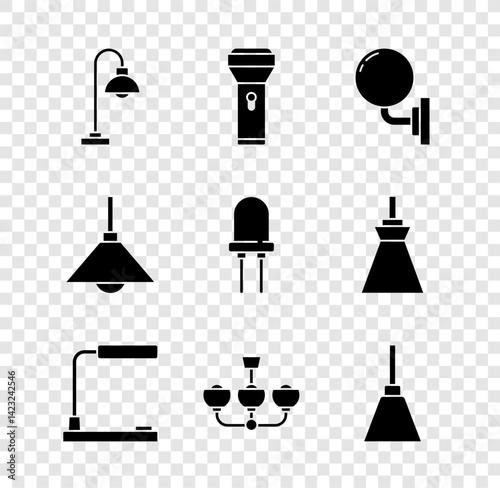 Set Floor lamp, Flashlight, Wall sconce, Table, Chandelier, Lamp hanging and Light emitting diode icon. Vector