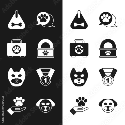Set Canned food, Pet first aid kit, Dog collar, Paw print, Cat, award symbol, and Hands with animals footprint icon. Vector