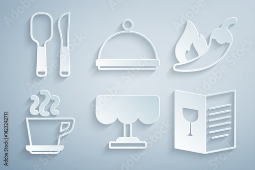 Set Wooden table, Hot chili pepper pod, Coffee cup, Restaurant cafe menu, Covered with tray and Knife and spoon icon. Vector