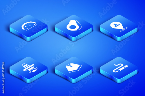 Set Cigar, Taco with tortilla, Poncho, Mexican man sombrero, Avocado fruit and icon. Vector