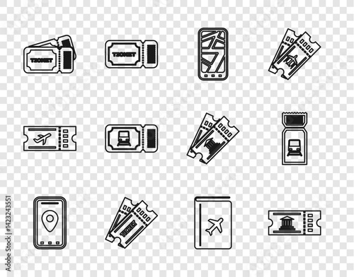 Set line Infographic of city map, Museum ticket, Ticket, Train, Cover book travel guide and icon. Vector