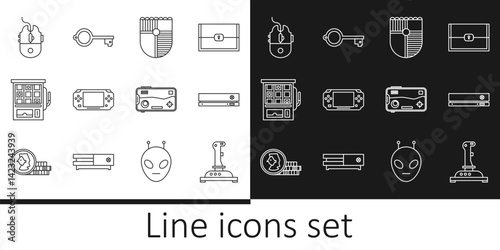 Set line Joystick for arcade machine, Video game console, Shield, Portable video, Slot, Computer mouse gaming, Mobile and playing and Ancient key icon. Vector