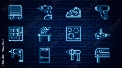 Set line Electric jigsaw, Angle grinder, planer tool, Table for woodwork, Vending machine, heater, Gas stove and cordless screwdriver icon. Vector