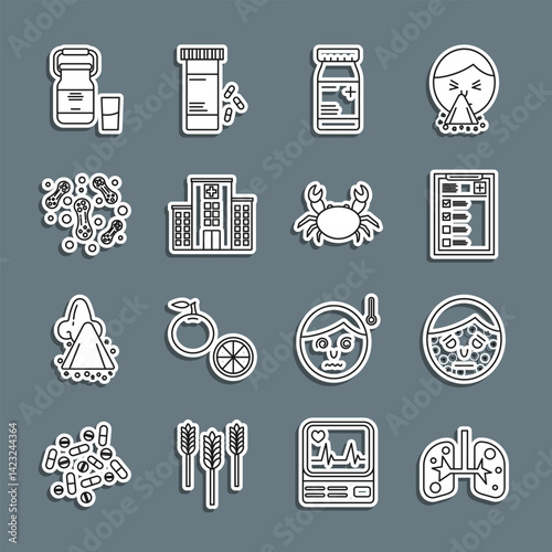 Set line Lungs, Face with psoriasis or eczema, Clinical record, Medicine bottle and pills, Medical hospital building, Bacteria, Can container for milk and Crab icon. Vector